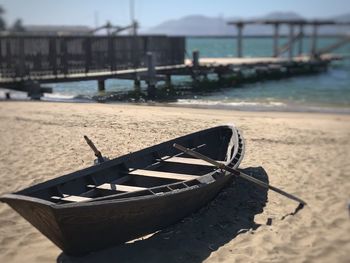 Abandoned boat moored on beach