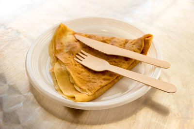 High angle view of breakfast in plate on table