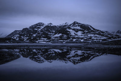 Scenic view of lake by snowcapped mountain against sky