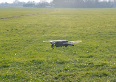 Airplane flying over grassy field