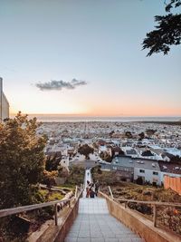 High angle view of cityscape against sky during sunset