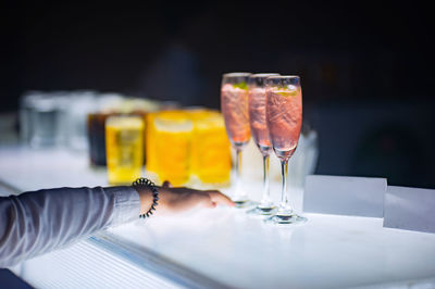 Close-up of beer glass on table