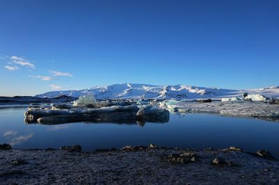 Scenic view of frozen lake against clear blue sky