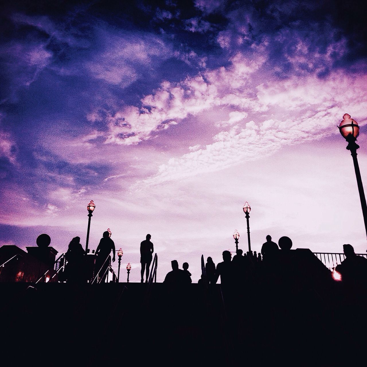 silhouette, sky, low angle view, cloud - sky, large group of people, sunset, dusk, men, street light, nature, cloud, cloudy, tree, leisure activity, outdoors, lifestyles, beauty in nature, person, arts culture and entertainment