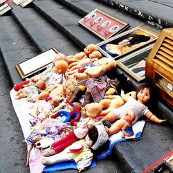 High angle view of toys for sale at market stall