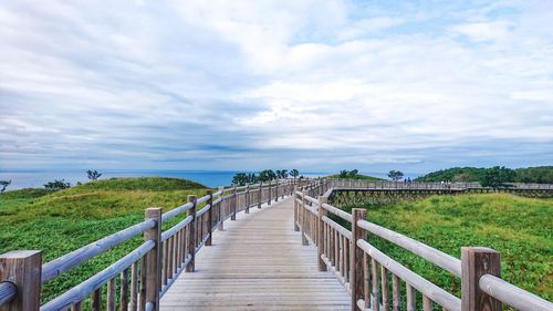 Wooden footbridge along plants and bridge against sky