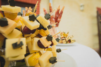 Close-up of fruits in plate on table