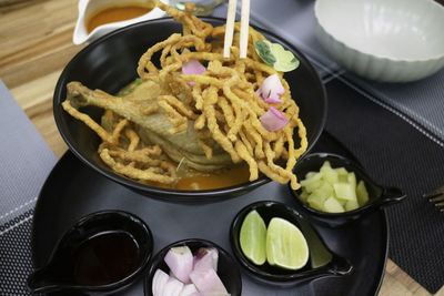 High angle view of food on table