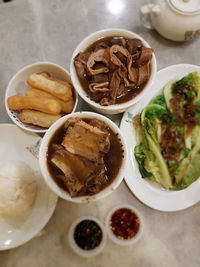 High angle view of food in plate on table