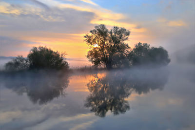 Scenic view of lake against sky during sunset