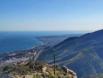 High angle view of sea and mountains against clear blue sky