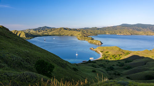 Scenic view of lake and mountains against sky