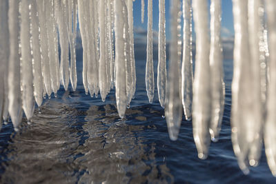 Close-up of icicles over lake