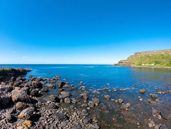 Scenic view of sea against clear blue sky