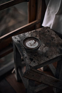 High angle view of old machine on table