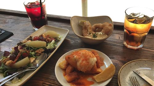 High angle view of breakfast on table