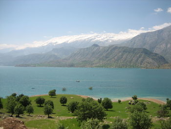 Scenic view of mountains and lake against sky