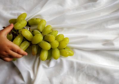 High angle view of hand holding fruit on bed
