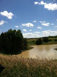 Scenic view of lake in forest against sky