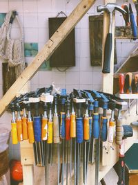 Close-up of woodworker tools  hanging