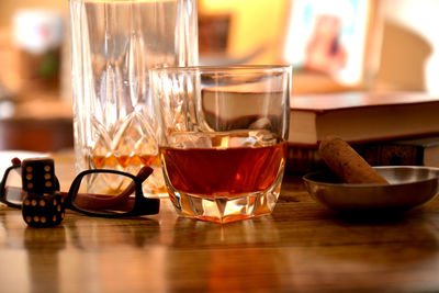 Close-up of tea in glass on table