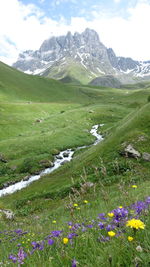 Scenic view of landscape and mountains against sky