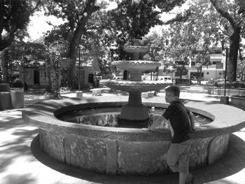 Fountain in swimming pool against trees