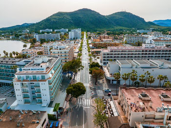 Aerial view of the spanish town by the beach in mallorca