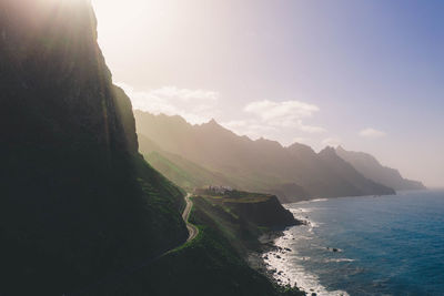 Scenic view of sea and mountains against sky