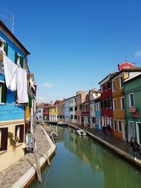 Canal amidst houses against clear sky