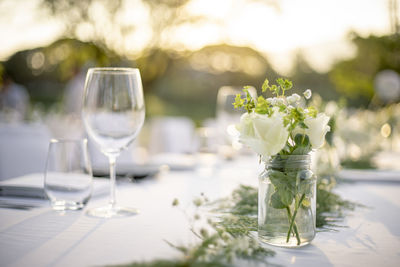 Glass of white rose on table