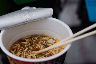 High angle view of soup in bowl on table