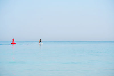 Man doing e foiling around people paddle boarding