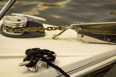 High angle view of ropes tied on yacht