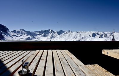Scenic view of snowcapped mountains against clear blue sky