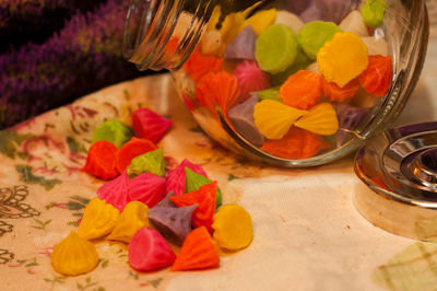 High angle view of various flowers in bowl on table