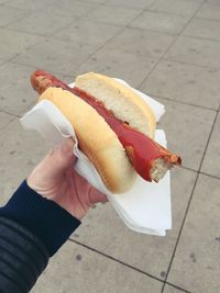 Cropped image of hand holding hot dog