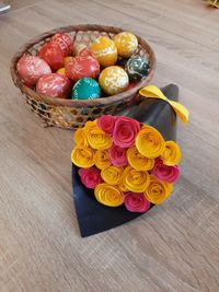 High angle view of multi colored candies on table