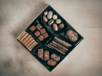 High angle view of chocolate cake on table
