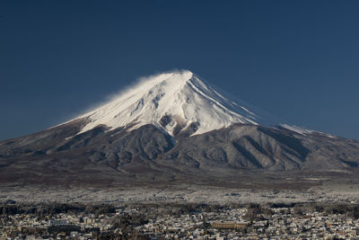 Scenic view of snowcapped mountains against clear sky