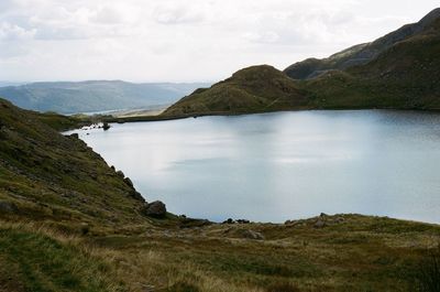 Scenic view of lake and mountains against sky