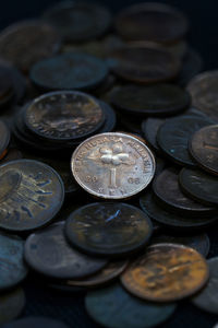 High angle view of coins