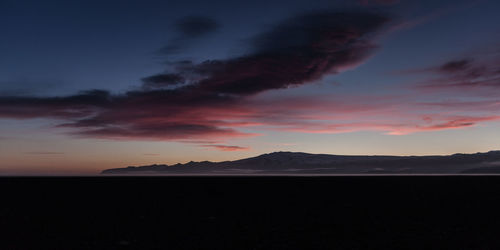 Scenic view of silhouette mountain against sky at sunset