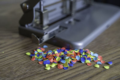 High angle view of multi colored candies on table