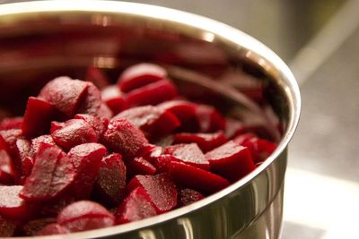 Close-up of chopped common beet in bowl