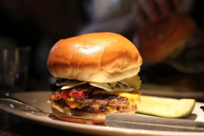 Close-up of burger on table