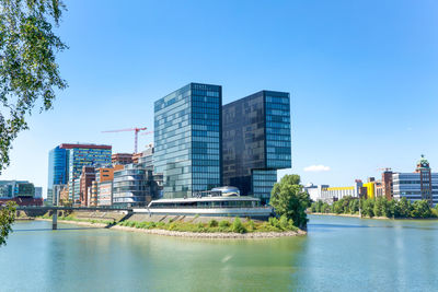 Architecture in harbor called medienhafen at the river rhine in düsseldorf, germany.