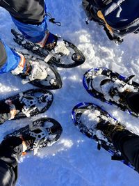 Low section of friends wearing ski boots