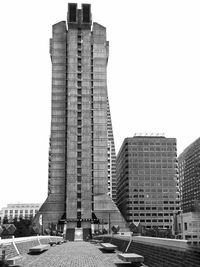 Low angle view of buildings against clear sky