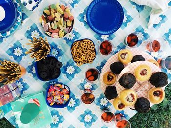 High angle view of objects on table